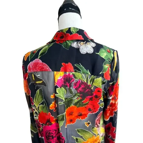 Alice + Olivia Women's Eloise Floral Silk Button Down Blouse Sheer L - Picture 4 of 8